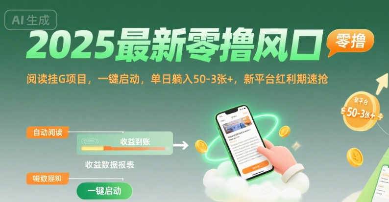 2025最新零撸风口,阅读挂G项目,一键启动,单日躺入 50-3张+,新平台红利期速抢【揭秘】-优优云网创