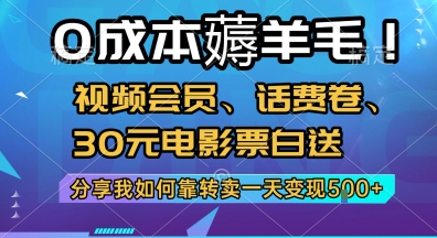 0成本薅羊毛!视频会员、话费卷、30元电影票白送,分享我如何靠转卖一天变现5张+【揭秘】